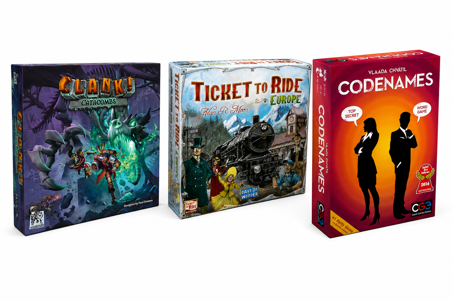 BestSeller Bundle: Codenames + clank catabombs and ticket to ride europe!