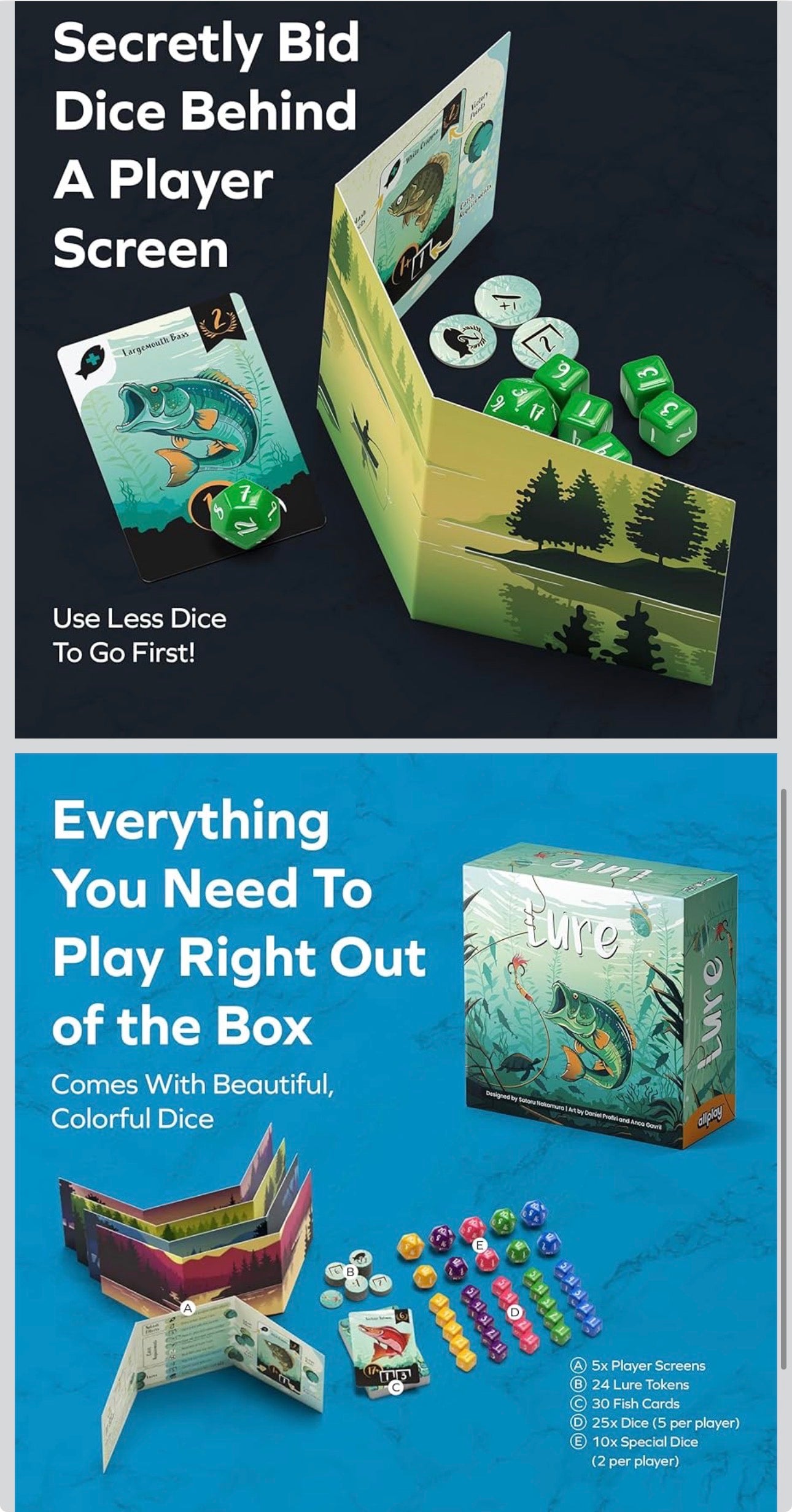 Allplay Lure Dice Game | Family Fishing Game with Bluffing and Dice Wagering | 1-Minute to Teach | Ages 7+ | 2-5 Players | 15 Minute Playtime